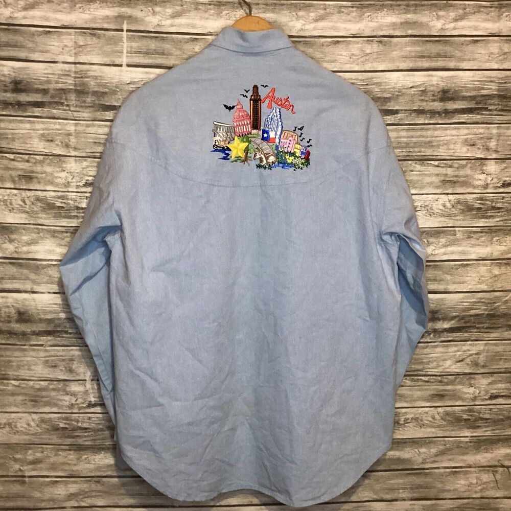 Vintage Ol' Paint Shirt Womens XL Blue Austin Texas Chambray Embroidered